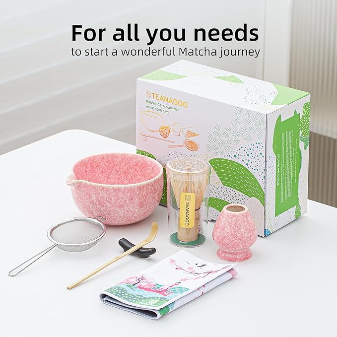 TEANAGOO Matcha Whisk Set,7 Pcs Matcha Set Pink,Ceremony Matcha Kit,Matcha Tea Set for Making Latte,Ceramic Bowl(chawan) whith Spout and Whisk,Gift for Matcha Lovers - Bloomnest