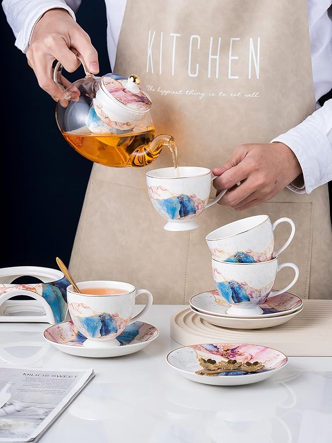 Jusalpha Fine China Rainbow Galaxy Series Glass Tea Pot with Infuser-Teapot Warmer Teacup and Saucer Set with Spoon in Gift Box- 16 pcs in 1 set, (FD Glass pot set 08) - Bloomnest