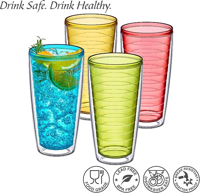 Amazing Abby - Alaska - 24-Ounce Insulated Plastic Tumblers (Set of 4), Double-Wall Plastic Drinking Glasses, Mixed-Color Reusable Plastic Cups, BPA-Free, Shatter-Proof, Dishwasher-Safe - Bloomnest