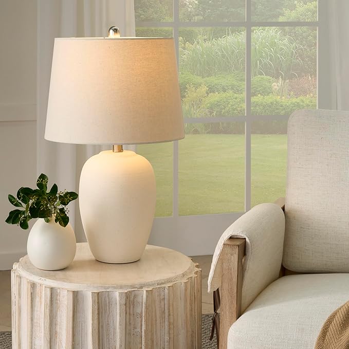 Nourison Home 23" Natural White Ceramic Jar Table Lamp for Bedroom, Living Room, Dining Office, with Off-White Shade - Bloomnest