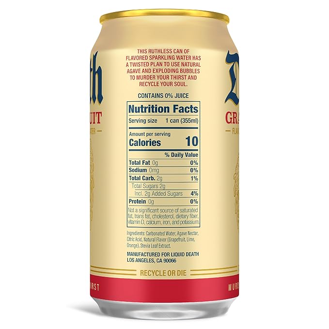 Liquid Death Soda-Flavored Sparkling Water - Grave Fruit (Grapefruit Flavor), Less Sugar*, Huge Flavor, No Caffeine, No Artificial Sweeteners, 12 Fl Oz (Pack of 12) - Bloomnest