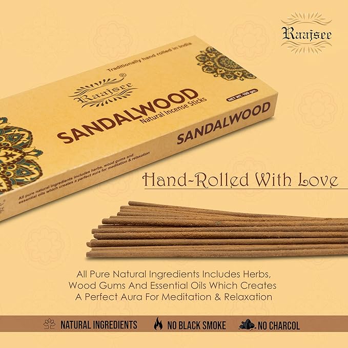 Raajsee Sandalwood Incense Sticks 100 Gm Pack-100% Pure Organic Natural Hand Rolled Free from Chemicals-for Church,Aroma Therapy,Relaxation,Meditation & Sensual Therapy RAAJSEE
