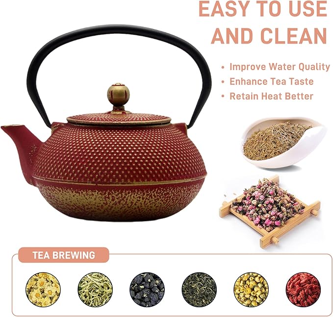 Cast Iron Teapot Tea Kettle with Stainless Steel Infuser for Stovetop Safe Coated with Enameled Interior Japanese Red Tetsubin for Loose Tea(30.4oz/900ml) - Bloomnest