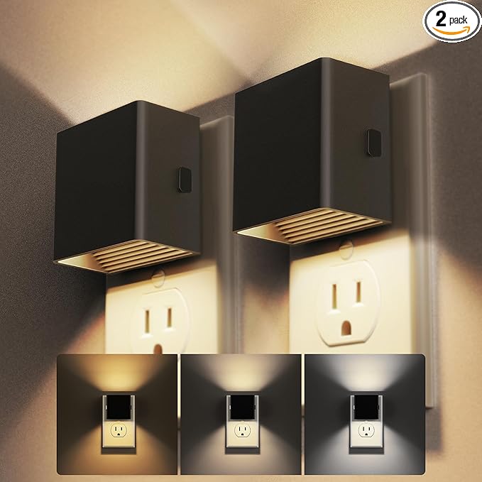 DORESshop Night Lights Plug Into Wall, [2 Pack] Plug in Night Light with 3 Color Temperatures, Dusk to Dawn Sensor, Night Light for Hallway Bathroom Stairway Bedroom, Black - Bloomnest