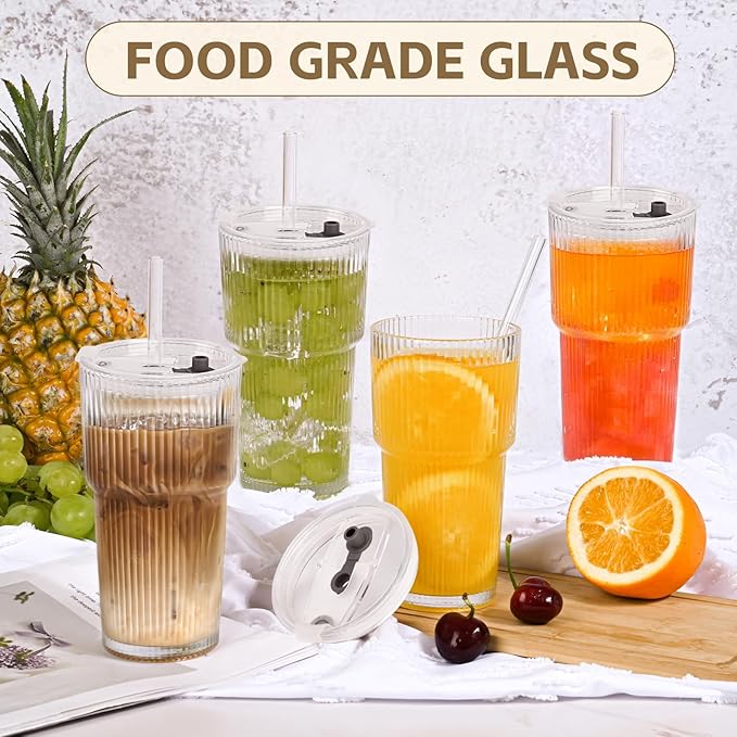 20OZ Glass Tumbler with Straw and Lid,Glass Cups with Lids and Straws,4PCS Ribbed Iced Coffee Cups Vintage Glassware for Juice Whiskey Cocktail Beer