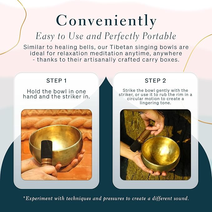 Tibetan Singing Bowl Set of 7, Handmade Singing Bowl for Meditation & Holistic Healing, Yoga Accessories, 3-5” Brass Singing Bowls with Wooden Striker, Cushion & Gold Carry Box - Bloomnest