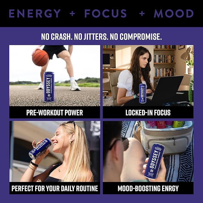 Odyssey Functional Energy Drink for Focus, Cognition & Mood Support 12 Pack - Adaptogenic Drink with 85mg Green Tea Caffeine, Lions Mane, Cordyceps, L-Theanine & Ginseng, Sparkling Blackberry Lemonade - Bloomnest