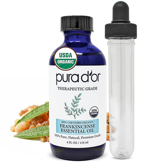 PURA D'OR ORGANIC Frankincense Essential Oil (4oz with Glass Dropper) 100% Pure & Natural Therapeutic Grade For Hair, Body, Skin, Aromatherapy Diffuser, Relaxation, Meditation, Mood, Massage, DIY Home - Bloomnest