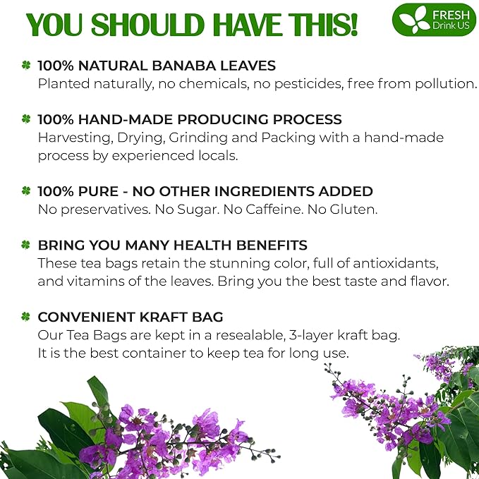 FreshDrinkUS, Premium 40 Banaba Tea Bags, 100% Natural & Pure from Banaba Leaves. Loose Leaf Banaba Herbal Tea. No Sugar, No Caffeine, No Gluten, Vegan. - Bloomnest