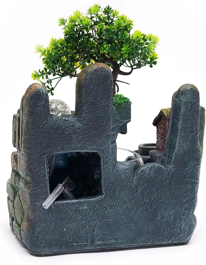 Waterfall Fountain Indoor Mini Waterfall with Led Lights & Atomizer Indoor Fountains and Waterfalls Table Top Water Fountain for Office, Home, Bedroom Desk Decor (Round Bowl Flowing Waters)