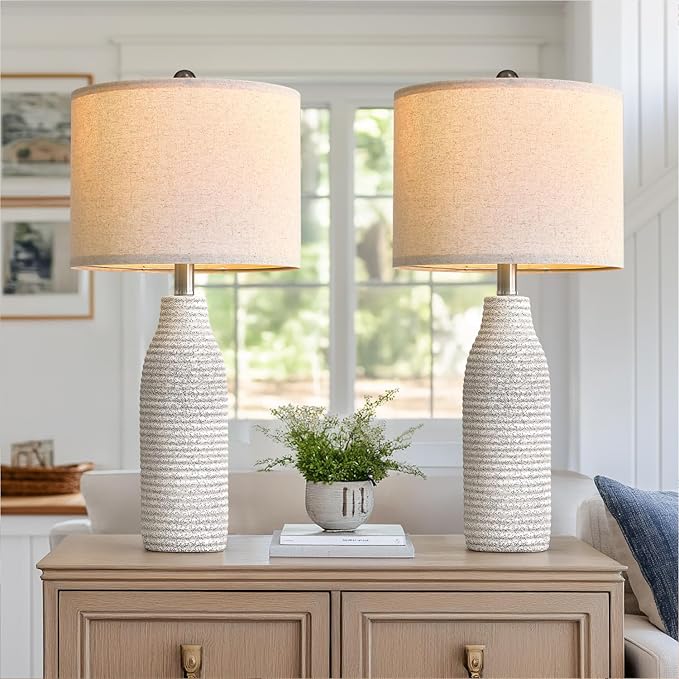 25" Ceramic Table Lamps for Living Room, Modern Design Bedside Lamps Set of 2, Nightstand Lamps for Bedroom with Rotary Switch, Gray and White - Bloomnest