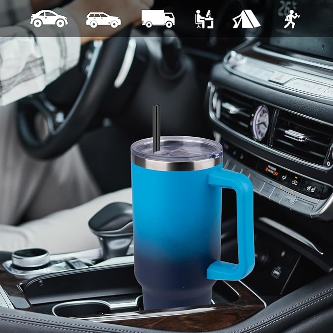 DOMICARE 40 oz Tumbler with Handle and Straw, Stainless Steel Tumbler with Lid and Straw, Reusable Vacuum Insulated Cup, Travel Coffee Mug, Blue Gradient, 4Pack - Bloomnest