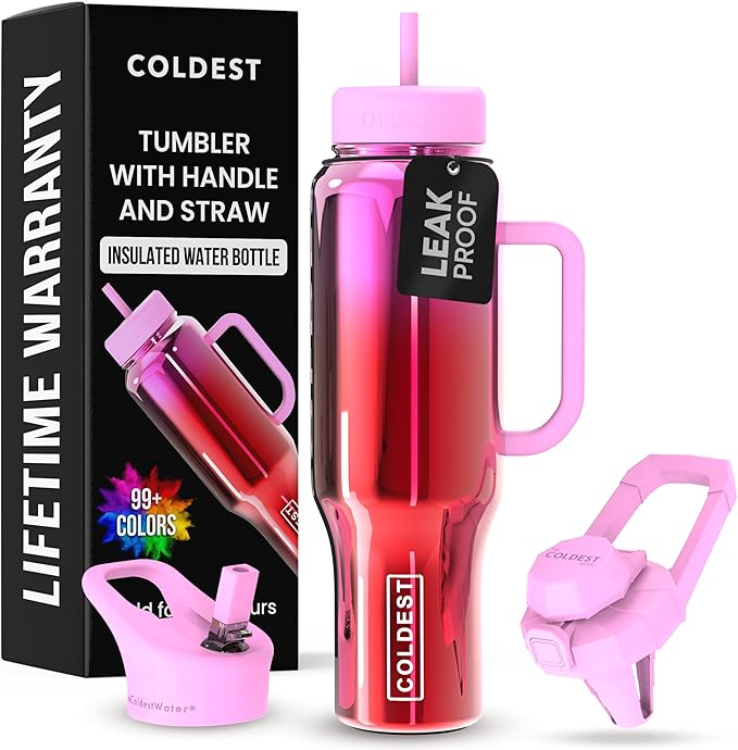 Coldest Tumbler with Handle and Straw - 100% Spill Proof Tumbler with Straw (3 Lids) - Stainless Steel Insulated Leakproof Tumblers for Women & Men - Cup Holder Friendly - 46 oz (Tulip Nova) - Bloomnest