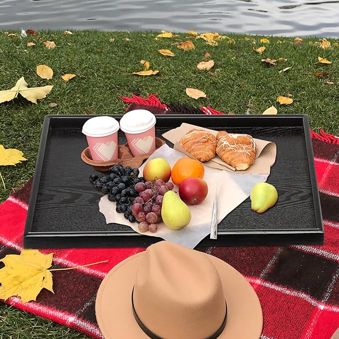 28 x 18 Inches Extra Large Solid Wood Serving Tray for Tea Coffee Table Snack Food Meals Serving Plate Kitchen Party Bar Breakfast Server with Raised Edges Black Wooden Decorative Ottoman Tray - Bloomnest