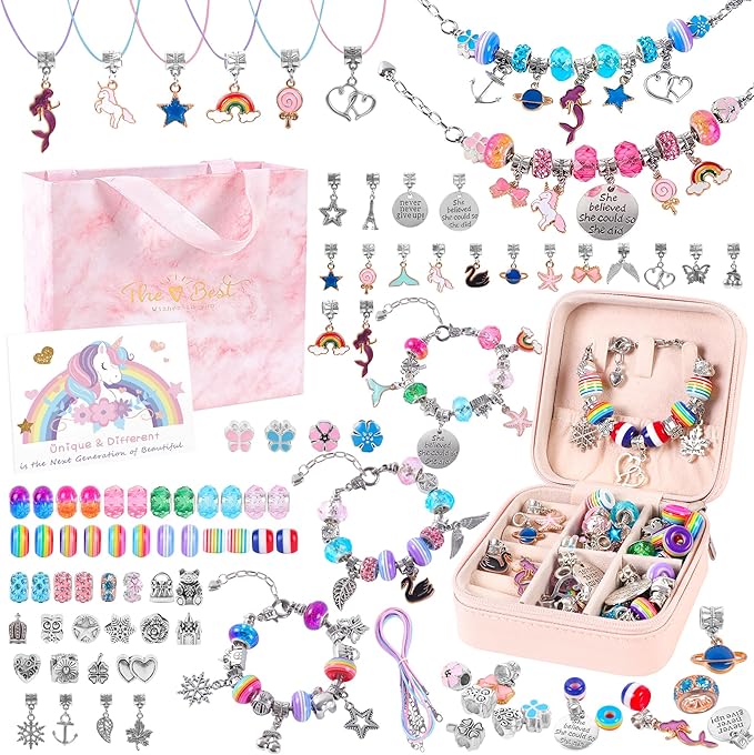 Charm Bracelet Jewelry Making Kit - A Perfect Birthday Holiday Gift for Girls Age 6 7 8 9 10 with Portable Jewelry Box, Cute & Sparkling to Inspire Creativity and Self-Expression, Great Value - Bloomnest