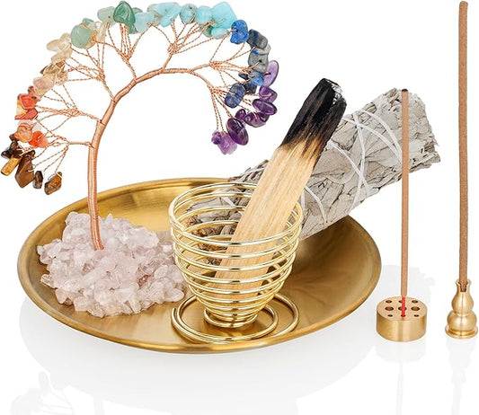 ZenBless 7 Chakra Healing Crystal Tree Incense Holder Palo Santo Sage Burner Brass Ash Catcher for Incense Sticks Coil Cones Yoga Meditation Zen Spiritual Room Home Decoration (Round) - Bloomnest