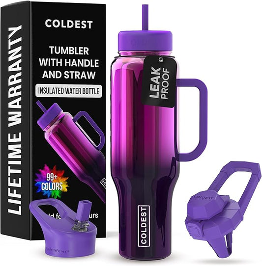 Coldest Tumbler with Handle and Straw - 100% Spill Proof Tumbler with Straw (3 Lids) - Stainless Steel Insulated Leakproof Tumblers for Women & Men - Cup Holder Friendly - 46 oz (Purple Nova) - Bloomnest