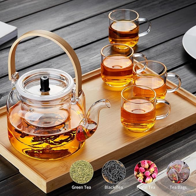 Glass Teapot Set, 37OZ/1100ML Glass Tea Kettle with 4 Double Wall Teacups, Tea Pot with Infusers for Loose Tea, Stovetop & Microwave Safe Tea Maker - Bloomnest
