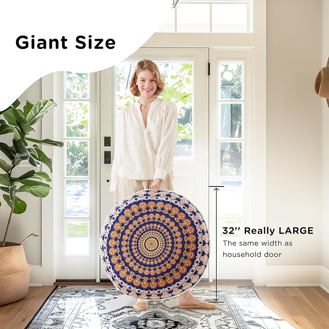 Codi Meditation Floor Pillows, Round Large Pillow Seating for Adults, Bohemian Mandala Circle Floor Cushion for Outdoor Fireplace Yoga Living Room, 32 Inch, Yellow Memory Foam Added - Bloomnest