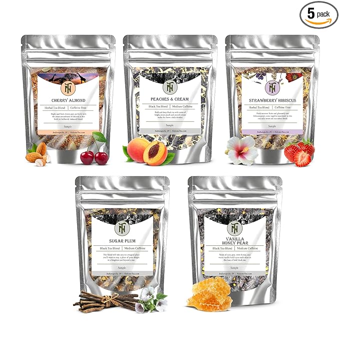 Nelson's Tea Fruit Sampler Pack - 5 Flavors Variety Pack - Loose Leaf Tea Sampler - Cherry Almond, Peaches & Cream, Strawberry Hibiscus, Sugar Plum, Vanilla Honey Pear - Samples Sizes - Bloomnest