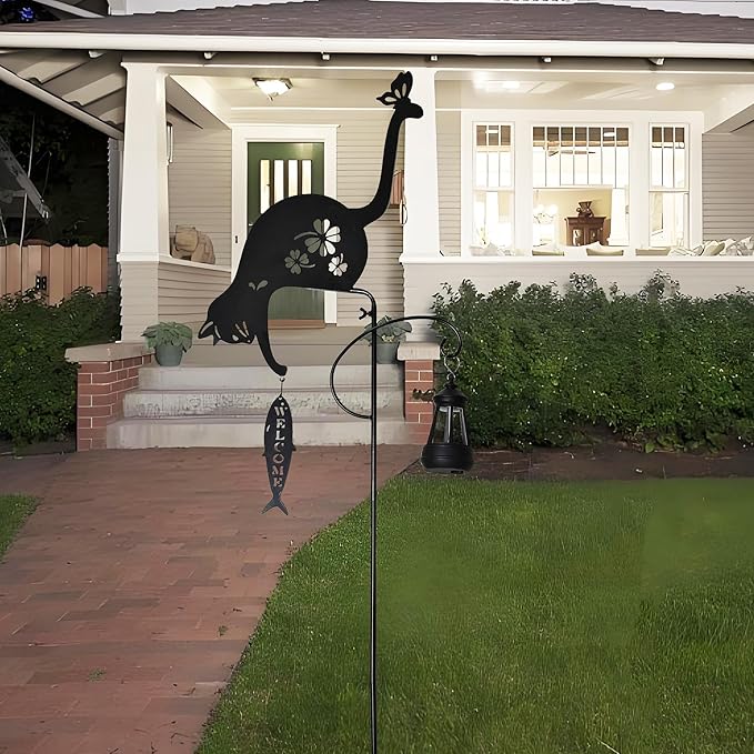 Solar-Powered Black Cat&Fish Garden Decor Stakes - Metal Silhouette Figurine for Outdoor Yard, Lawn, and Patio Decoration(Cat&Fish) - Bloomnest