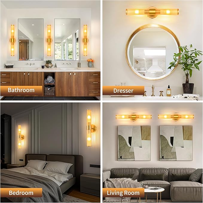 Gold Battery Operated Wall Sconces Set of 2, Rechargeable Wall Lights with Remote Control, 20 Inch Modern Wireless Wall Lamp for Bedroom, Living Room with Amber Shade (Bulbs Included) - Bloomnest