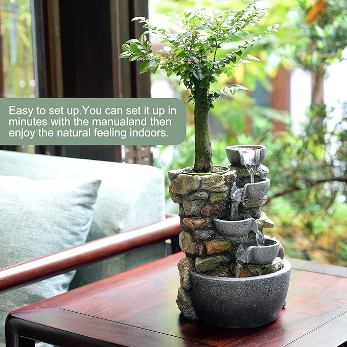 Indoor Fountain 4-Bowl Rockery Soothing Sound Tabletop Fountains Home/Office Decor Gift for Mom,Mother Day Present with A Small Plastic Pot to Grow Plant/Hebs by Yourself (Automatic Watering) - Bloomnest
