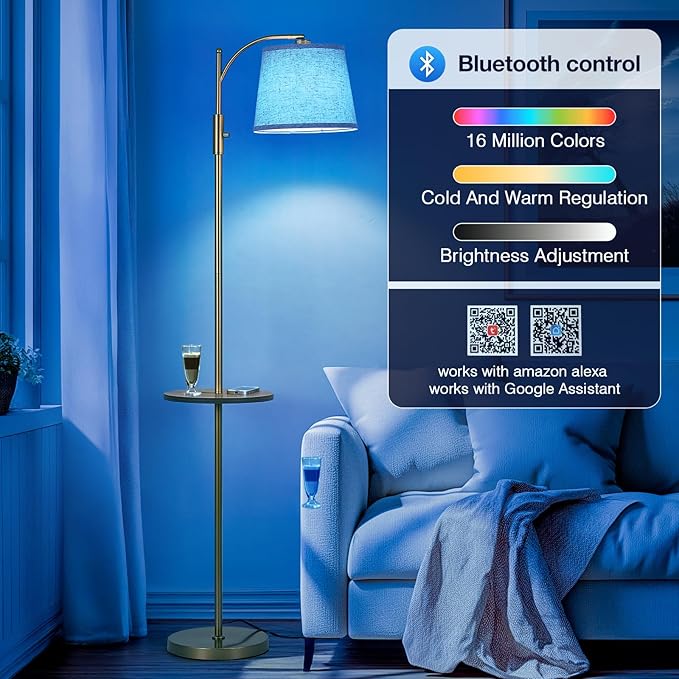 AIDENOEY Smart Floor Lamp with Side Table | Stepless Dimming, RGB Multi-Color | Adjustable Swivel Head | Voice Control with Alexa & Google Assistant |Golden Lamp for Living Room,Bedroom,Home Office - Bloomnest