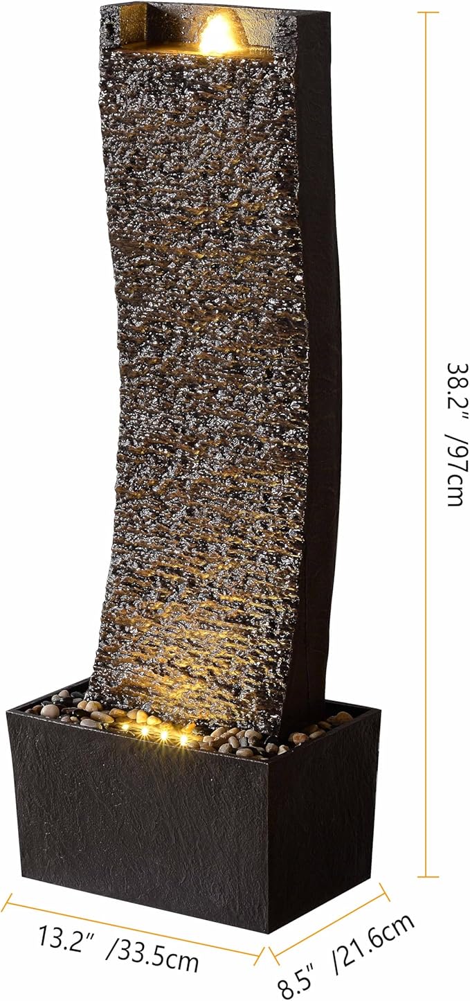 38.2in. Indoor/Outdoor Water Fountain with LED Lights – Vintage Rock Design and Relaxing Waterfall Feature for Home, Garden, or Office (Curved Slate Stone)