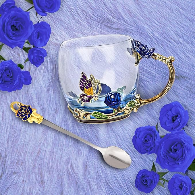 Flower Tea Cup,Butterfly Rose Clear Glass Fancy Coffee Mug with Spoon,Gift Box for Her Mom Wife Grandma Girls Women Christmas Birthday Present Idea for Juice,Hot And Cold Drinks Use - Bloomnest