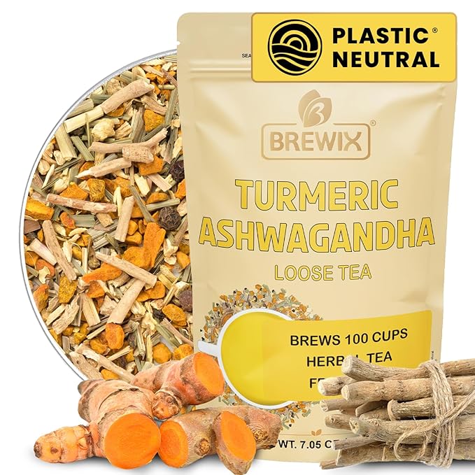 BREWIX, Turmeric Ashwagandha Herbal Tea Loose Leaf (100+ Cups, 7.05oz/200g) Real Ingredients From India, Caffeine Free & Naturally Gluten Free - Bloomnest