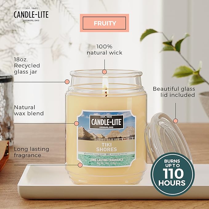 Candle-lite Scented Candles, Tiki Shores, 18 oz Jar, Proudly Poured in The USA, Aromatherapy Candle, Single-Wick with 110 Hours of Burn Time, Perfect for Creating a Refreshing Ambiance - Bloomnest