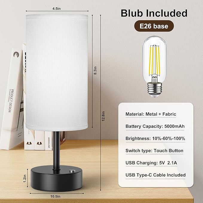 ROTTOGOON Cordless Table Lamp Touch Control Dimmable Small Bedside Table Lamps with Beige Fabric Shade 5000mAh Rechargeable Battery Powered Desk Lamp for Bedroom,Home,Office,Dorm-Black - Bloomnest