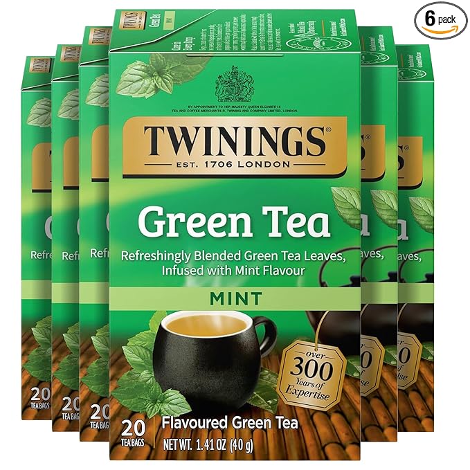 Twinings Green Tea with Mint Individually Wrapped Bags, 20 Count (Pack of 6), Invigorating Aroma, Caffeinated, Enjoy Hot or Iced, 120 Teabags - Bloomnest