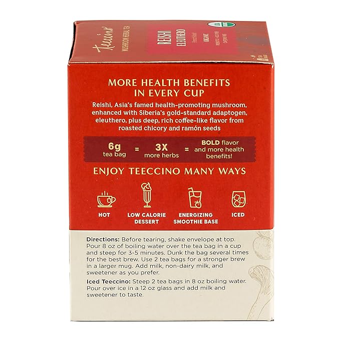 Teeccino Reishi Eleuthero Tea - French Roast - Organic Mushroom Adaptogenic Herbal Tea, 3x More Herbs than Regular Tea Bags, Caffeine Free, Chicory Prebiotic - 10 Tea Bags - Bloomnest