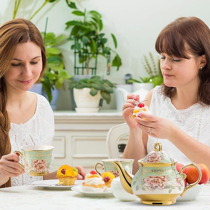 20 Pieces Porcelain Tea Set With Metal Holder, European Ceramic tea set for adults,Flower Tea Set,Tea Set For Women With Flower Painting（Light Green） - Bloomnest