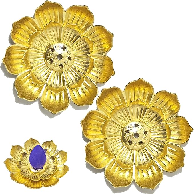 Cone Incense Holder - Lotus Gold Brass Ash Catcher for Cones, Waterfall Backflow Burner for Sticks - Meditation Yoga Home Decor