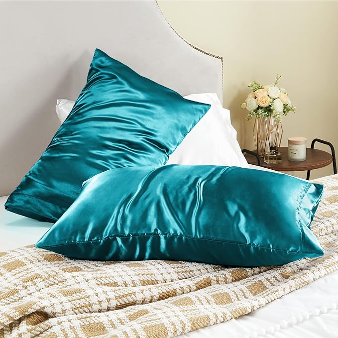 BEDELITE Satin Pillowcase for Hair and Skin, Super Soft and Cooling Similar to Silk Pillow Cases 2 Pack with Envelope Closure, Gift for Women Men(20"x26" Standard Size, Teal) - Bloomnest