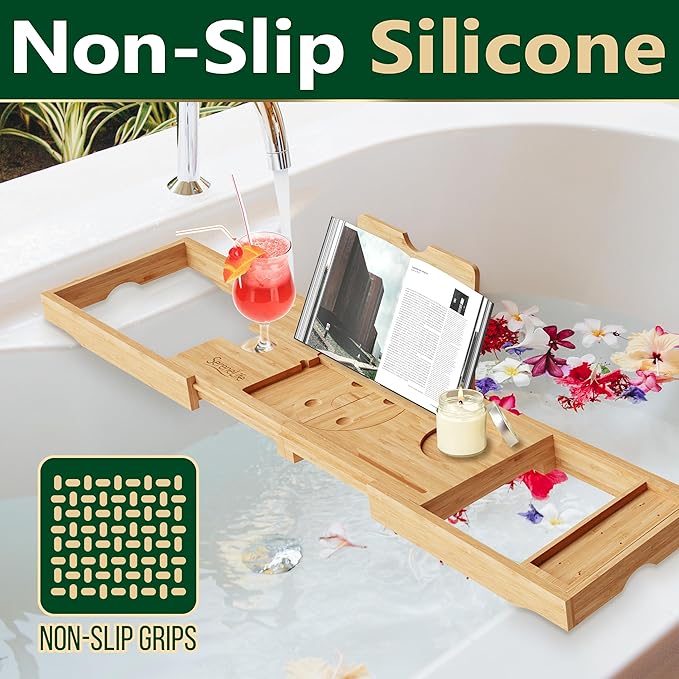 SereneLife Premium Bathtub Tray Caddy with Gift Box and Bow Set, Expandable Bath Tray, Unique House Warming Gifts for Mom, Women, Wedding, Anniversary, Bridal Shower, Fit for All Tub - Classic - Bloomnest