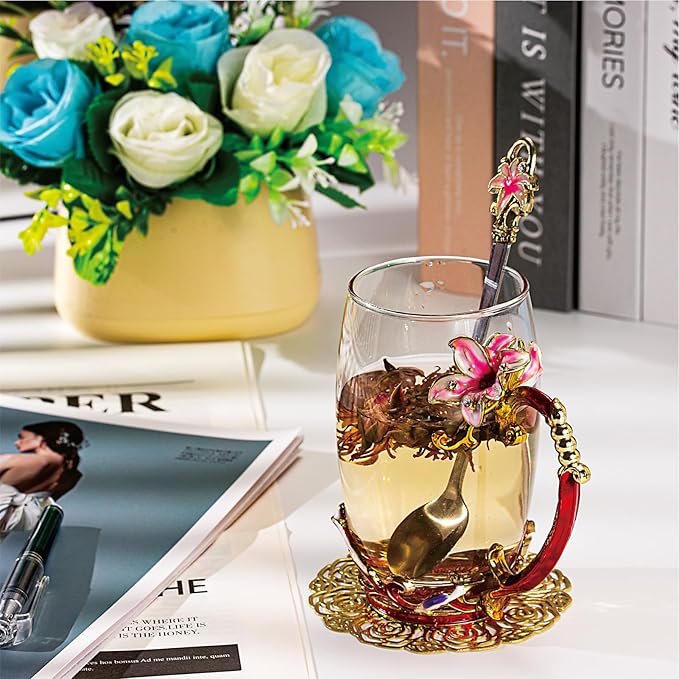 Flower Tea Cup, Lily Flower Clear Glass Fancy Coffee Mug with Spoon,Gift Box for Her Mom Wife Grandma Girls Friends Valentines Christmas Birthday Present Idea for Juice,Hot And Cold Drinks Use - Bloomnest