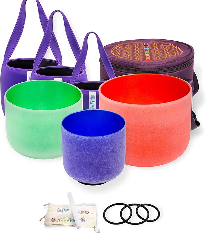 FMTY Singing Bowl Perfect Pitch 7A+9F+11D Crystal Singing Bowl with Carrying Bag, Crystal Mallet, O-Ring Pure Quartz Crystal Sound Bowl for Meditation, Yoga, Spiritual Healing (Set of 3, Colored) - Bloomnest