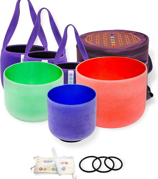 FMTY Singing Bowl Perfect Pitch 7A+9F+11D Crystal Singing Bowl with Carrying Bag, Crystal Mallet, O-Ring Pure Quartz Crystal Sound Bowl for Meditation, Yoga, Spiritual Healing (Set of 3, Colored) - Bloomnest