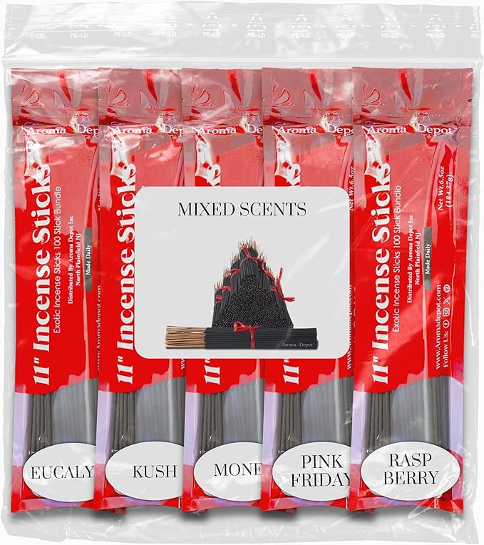 Mixed Scents Pack 11'' Incense Sticks - Variety Set 500 Pack - 11 inch - 5 Bundles 100 Sticks Per Fragrance Scent. Set Features Eucalyptus, Kusk, Moeny, Pink Friday Type, Raspberry Fantasy AromaDepotInc