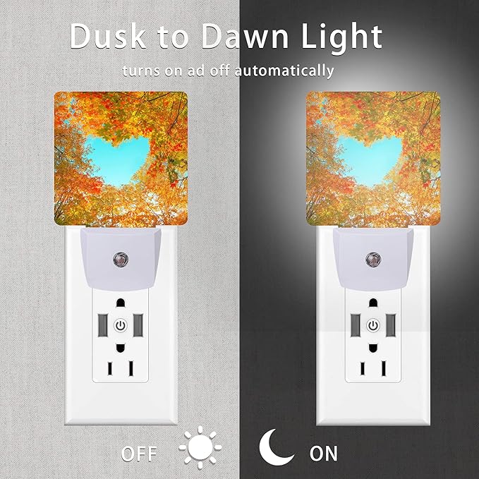 Blue Heart Sky Night Light,Autumn Red Maple Leaves Forest Trees Plug-in Night Lights with Dusk-to-Dawn Sensor for Stairway/Hallway/Bedroom Sleep Friendly Ideal for Women/Girls/Boys Gift,0.5W - Bloomnest