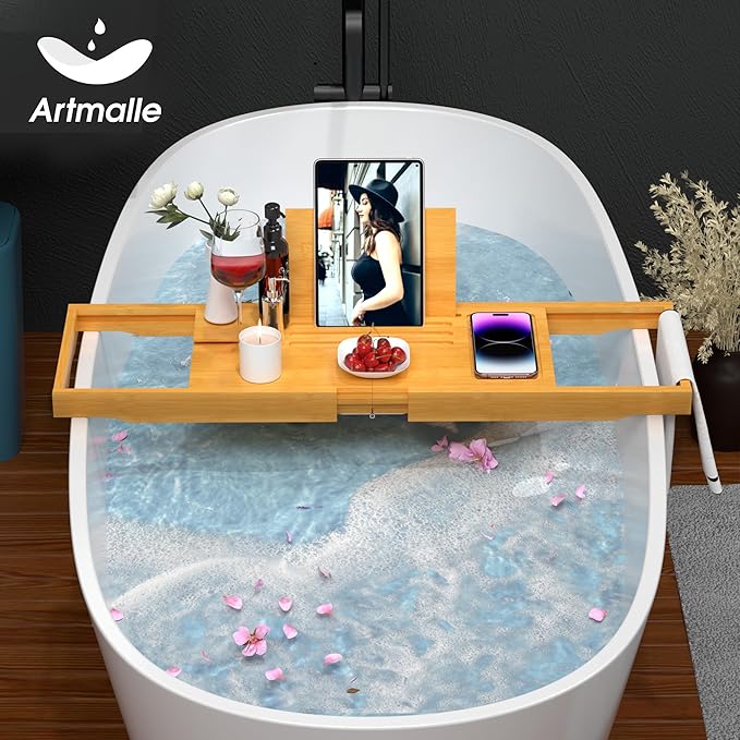 Artmalle Bathtub Caddy Tray for Tub, Expandable Bamboo Bath Table Tray with Book Stand for Home Spa Relaxing, Foldable Minimalist Bathroom Accessories for Women Men (Simple, Natural) (Natural) - Bloomnest