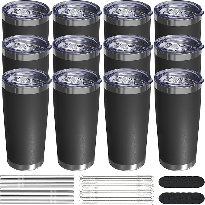 Travel Coffee Tumbler 20oz, 12 Pack Leakproof Travel Coffee Mug with Lid and Straw, Stainless Steel Double Wall Vacuum Insulated Tumbler for Hot/Iced Drinks (Textured Matte, Black) - Bloomnest