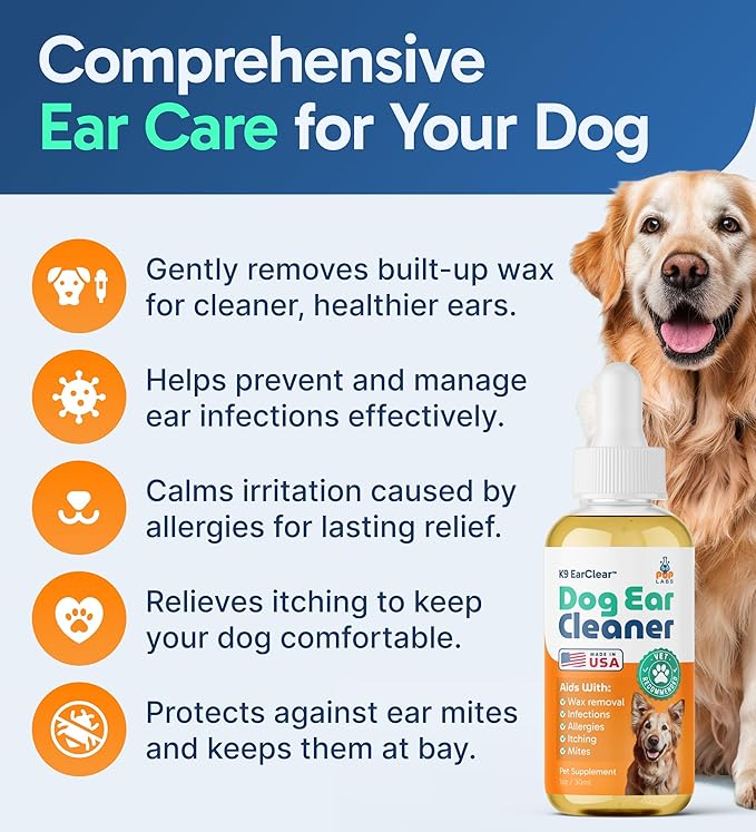 Ear Clear, Natural Dog Ear Cleaner and Infection Treatment for Dogs, Dog Drops for Itching, Irritation, & Wax Build-Up, 1 oz Bottle with Dropper - Bloomnest