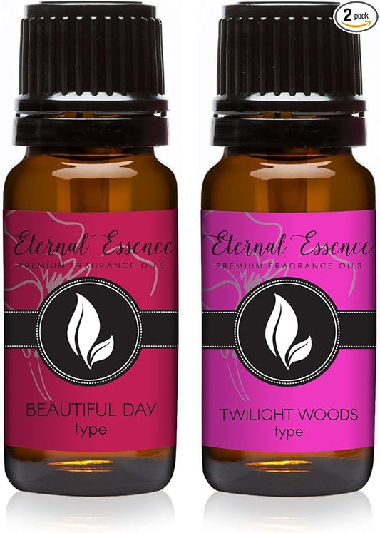 Eternal Essence Oils 2 Pack 10ml Premium Fragrance Oil - Beautiful Day Type & Twilight Woods Type - for Candle, Soap Making, Aromatherapy, Diffusers, Home Care, & Humidifiers EternalEssenceOils