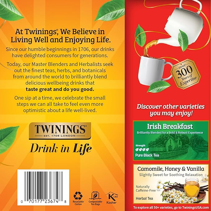 Twinings English Breakfast Black Tea Individually Wrapped Bags, 100 Count (Pack of 1), Smooth, Flavourful, and Robust, Caffeinated, Enjoy Hot or Iced, 100 Teabags - Bloomnest
