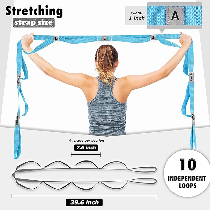 Stretching Strap Yoga Strap with 10 Loops, Non-Elastic Stretch Band for Physical Therapy, Flexibility, Exercise, Pilates, Dance & Gymnastics Workout - Bloomnest